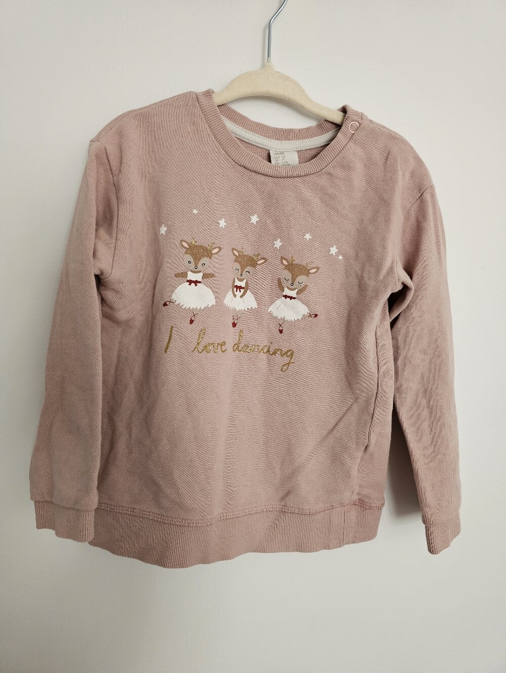 🧸2/20$ H&M Pink Girls Sweatshirt "I Love Dancing" Reindeer Print Size 3T